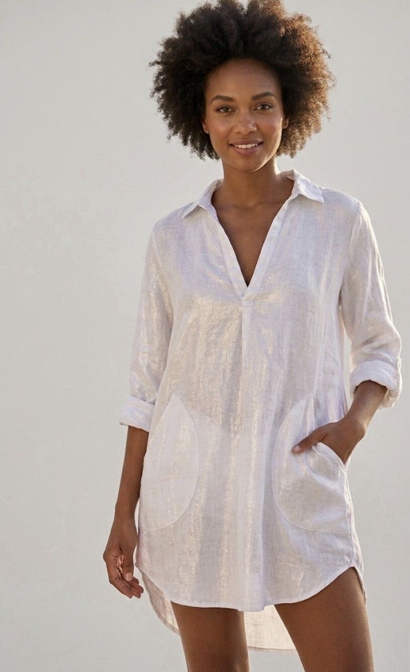 For Cynthia Beachwear 100% Linen Tunic Popover Women’s L White Pockets Resort